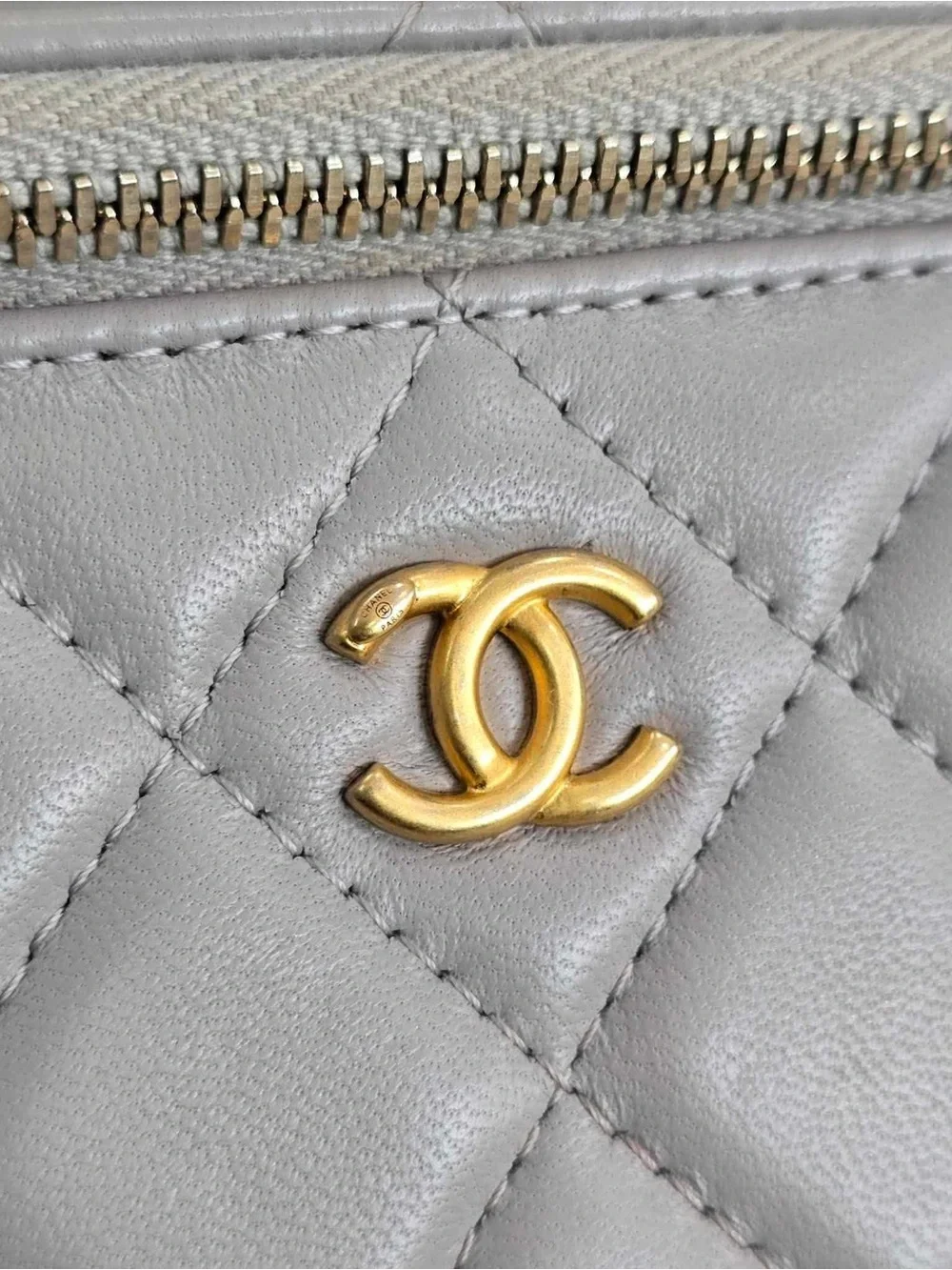 CHANEL Quilted Lambskin Pearl Crush Vanity in Gray with Gold Hardware